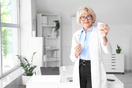 Female dentist with jaw model and tools at hospitalの写真素材