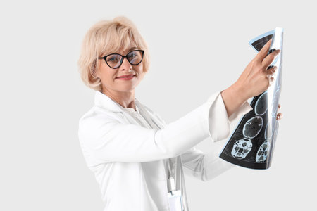 Female doctor with MRI scan on white background