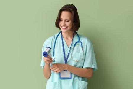 Beautiful female doctor with infrared thermometer and badge on green backgroundの写真素材
