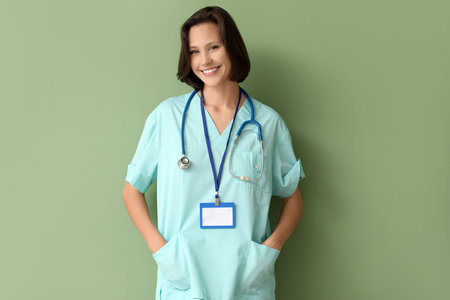 Beautiful female doctor with badge and stethoscope on green backgroundの写真素材