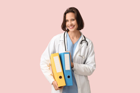 Beautiful female doctor with folders on pink backgroundの写真素材