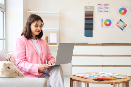 Young female interior designer working with laptop on sofa in officeの写真素材