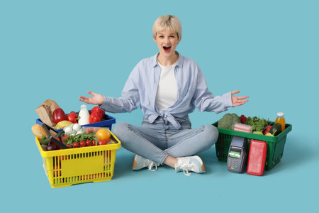 Surprised young woman with full shopping baskets on blue background