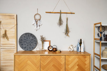 Interior of witch's room with magic attributes and commode