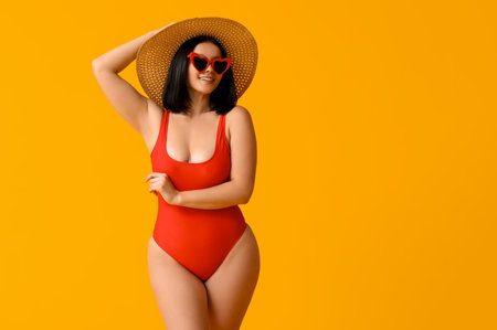 Beautiful young woman in stylish red swimsuit and sunglasses on yellow backgroundの写真素材