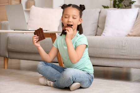 Cute little Asian girl eating chocolate at homeの写真素材