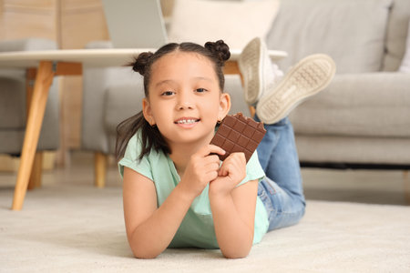 Cute little Asian girl with chocolate bar lying on floor at home