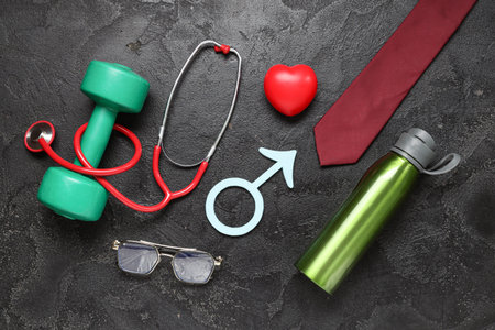 Stethoscope, heart, tie, dumbbell and male sign on black grunge background. Prostate cancer awarenessの写真素材