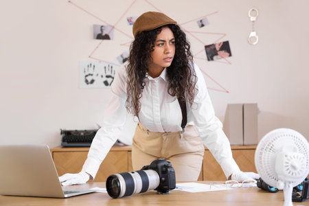 Female African-American spy at table in officeの写真素材