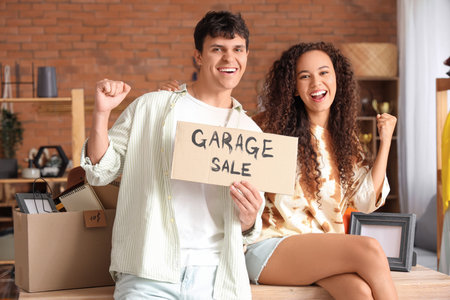 Happy young couple holding cardboard with text GARAGE SALE in room of unwanted stuffの写真素材