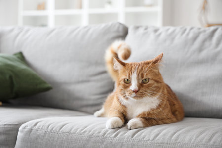 Cute cat lying on sofa at home, closeupの写真素材