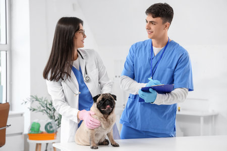 Young veterinarians with pug dog in clinic