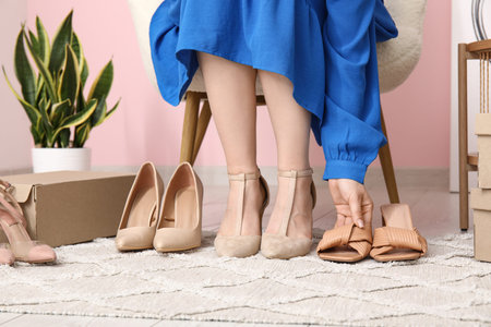 Young woman sitting in armchair and choosing between beige shoes at home
