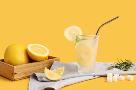 Glass of fresh lemonade with mint and rosemary on yellow backgroundの写真素材