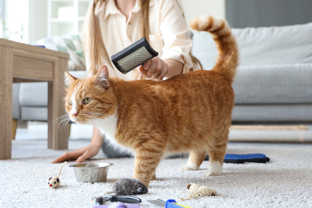 Woman brushing cute cat on floor at home, closeupの写真素材
