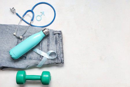 Jeans, stethoscope, dumbbell, male sign and light blue ribbon on white background. Prostate cancer awarenessの写真素材