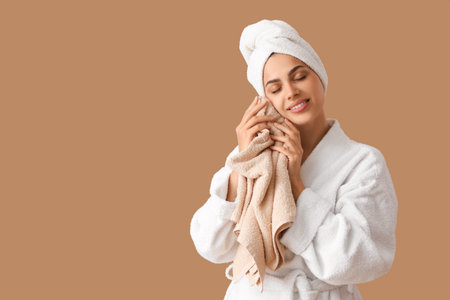 Beautiful young happy woman in bathrobe with towel on beige backgroundの写真素材