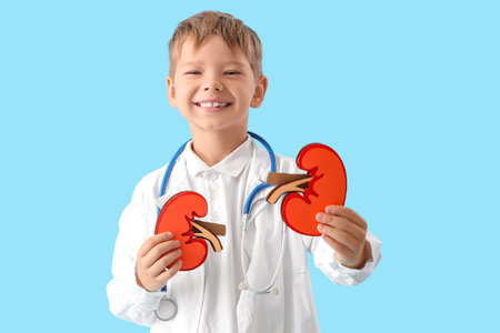 Little doctor with paper kidneys on blue background