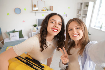 Female students with suitcase taking selfie in dorm room on moving day, closeupの写真素材