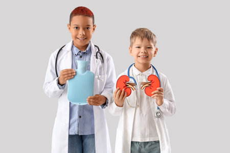 Little doctors with paper kidneys and hot water bottle on light backgroundの写真素材