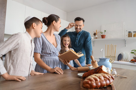 Happy Jewish family reading book in kitchenの写真素材