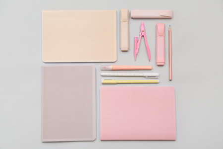 Composition with different stationery on gray backgroundの写真素材