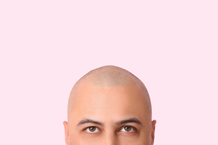 Bald young man on pink background, closeupの写真素材