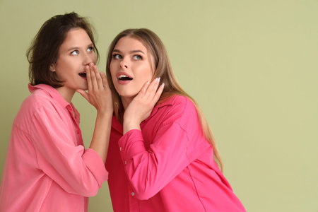 Young woman whispering in her friend's ear on green background