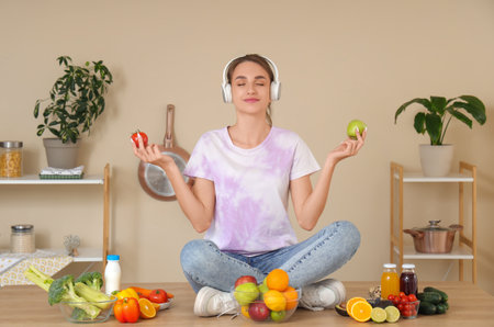 Young woman with headphones and healthy food meditating on table in kitchen. Diet conceptの写真素材