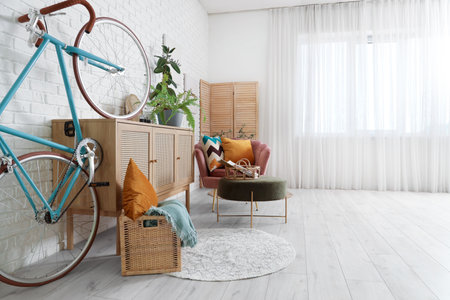 Light living room with pink armchair, pillows, chest of drawers and bicycleの写真素材