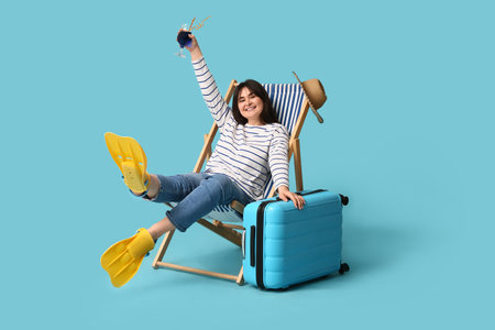 Beautiful young woman in flippers with glass of cocktail sitting in deck chair and suitcase on blue backgroundの写真素材