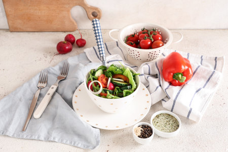 Bowl of fresh vegetable salad with tomato and cucumber on white backgroundの写真素材