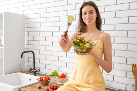 Beautiful young woman with glass bowl of fresh vegetable salad in kitchenの写真素材