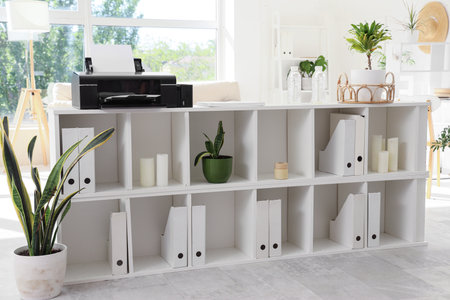 Shelf unit with printer, folders and plants in light officeの写真素材