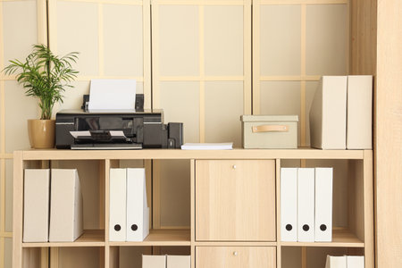 Modern printer with palm on shelf in officeの写真素材