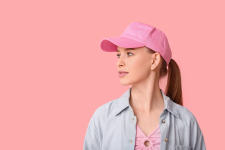 Beautiful young woman in stylish cap on pink backgroundの写真素材