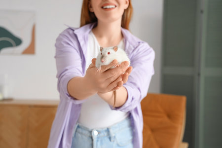 Young woman with cute white rat at home, closeupの写真素材