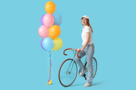 Beautiful young woman with bicycle and balloons on blue backgroundの写真素材