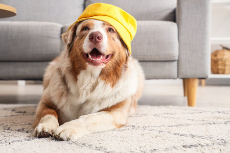 Adorable Australian Shepherd dog in stylish hat lying at home