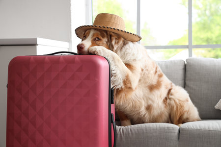 Adorable Australian Shepherd dog with suitcase sitting on sofa at homeの写真素材