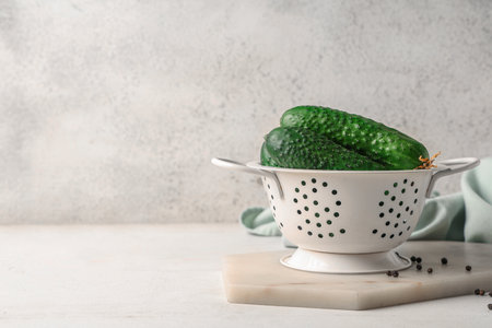 Colander with fresh green cucumbers and peppercorn on white backgroundの写真素材