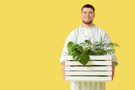 Young handsome man holding box with plants on yellow backgroundの写真素材