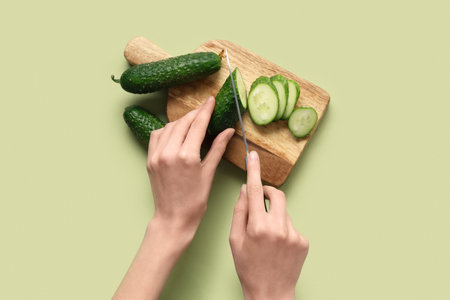 Woman cutting fresh green cucumber on color backgroundの写真素材