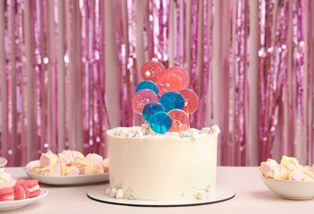 Cake with sweets for birthday party on table against pink tinsel background