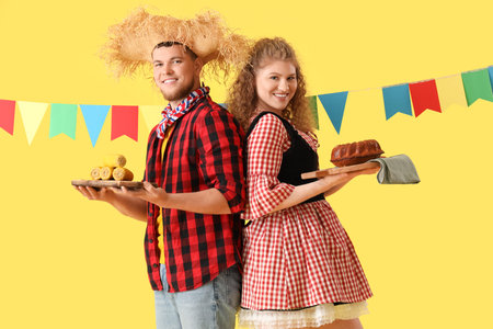 Happy young couple with flags, corn and cake on yellow background. Festa Junina celebration