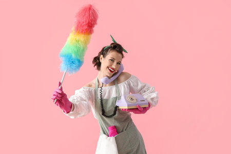 Beautiful young happy pin-up housewife with pp-duster and detergent talking by phone on pink backgroundの写真素材