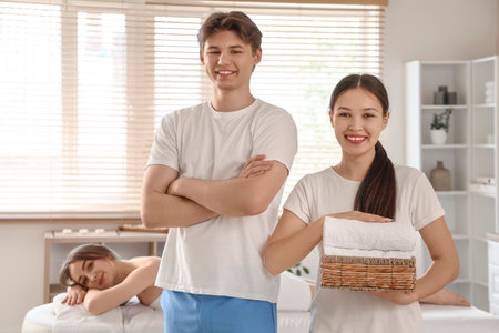 Massage therapists with towels and client in spa salonの写真素材