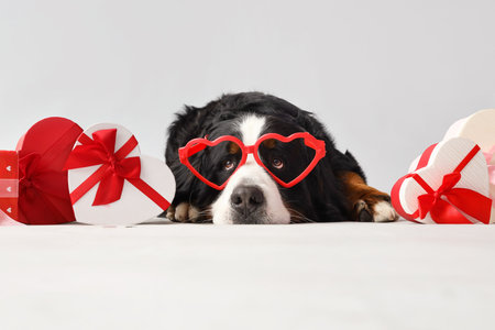 Cute Bernese mountain dog in heart-shaped sunglasses and gifts lying on light background. Valentine's Day celebrationの写真素材