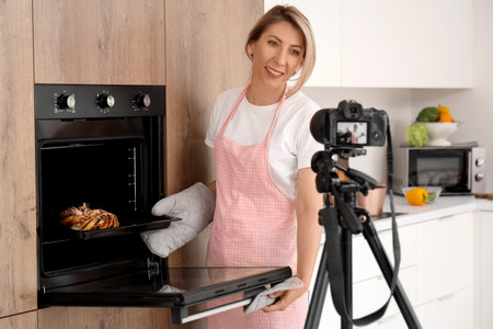 Female food blogger baking bun while recording video in kitchenの写真素材