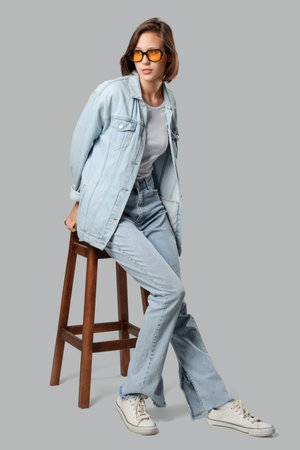 Beautiful young woman in stylish denim clothes sitting on chair against gray background